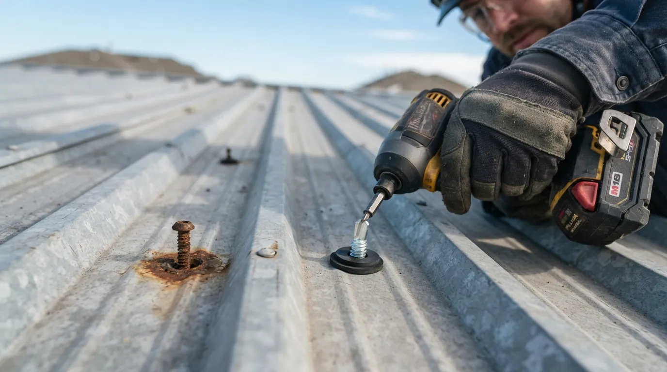 Rusted screw replaced with a new gasketed fastener on a ribbed metal roof