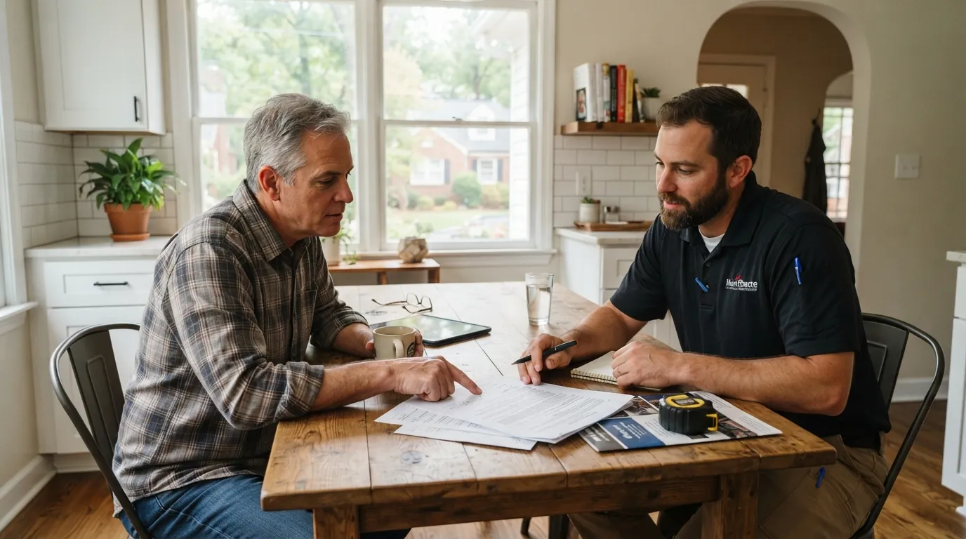 Homeowner and roofer reviewing a written contract