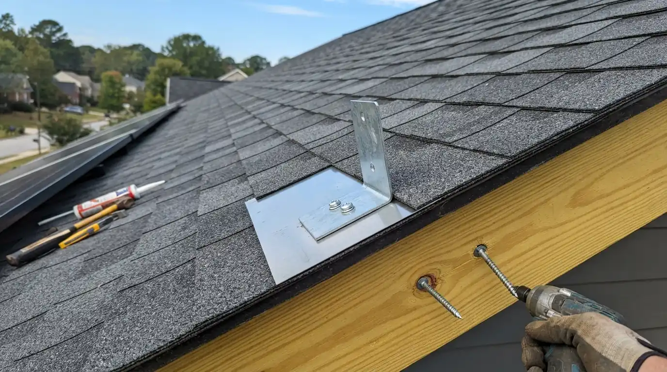 New flashed solar mount set into fresh shingles on a rafter