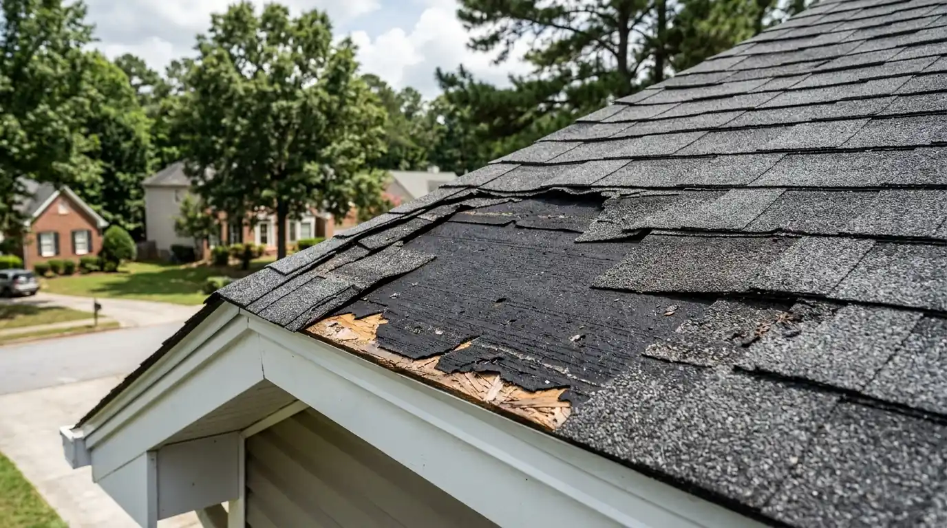 Roof section with torn-off shingles exposing underlayment near the rake edge