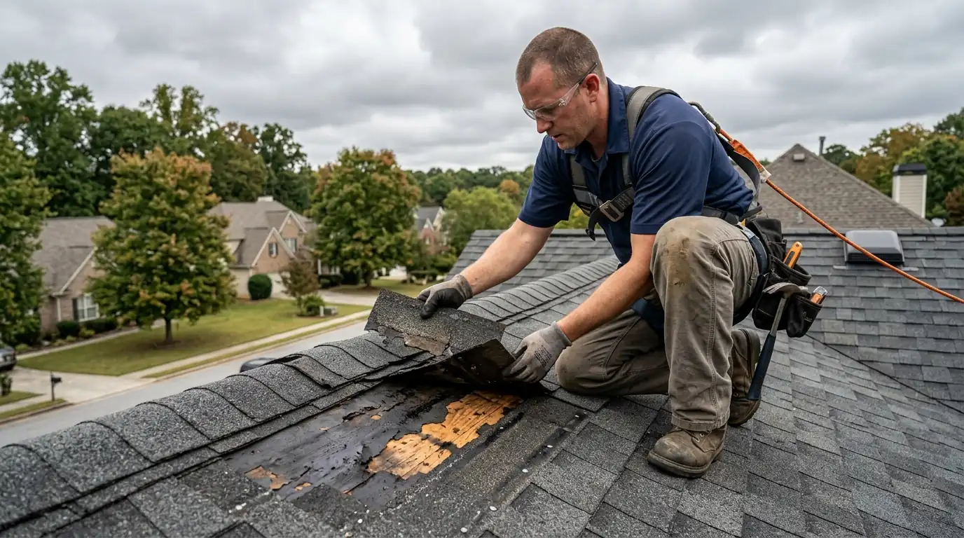 Roofer lifting a damaged shingle tab to inspect the underlayment
