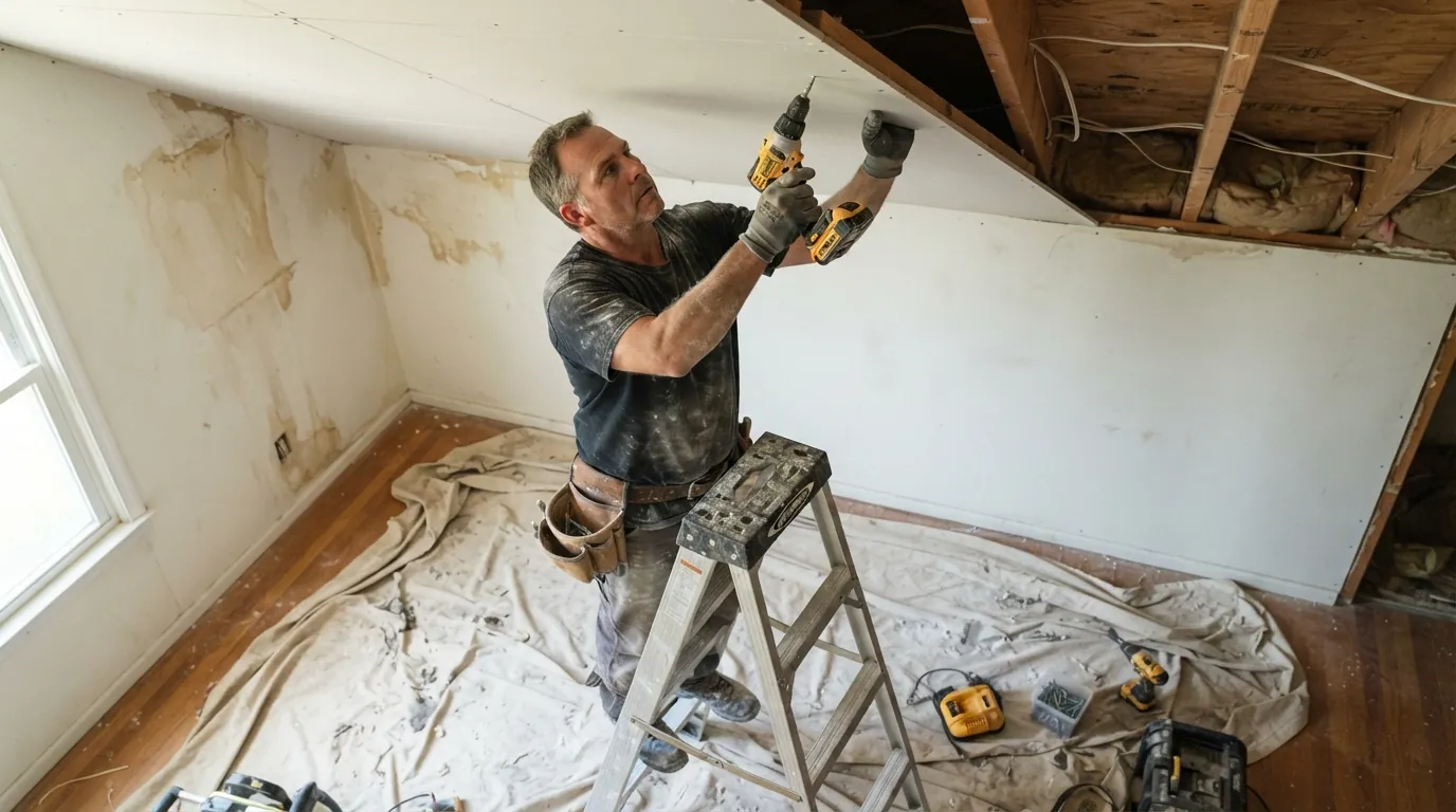 New drywall panel being screwed to ceiling joists after a roof leak