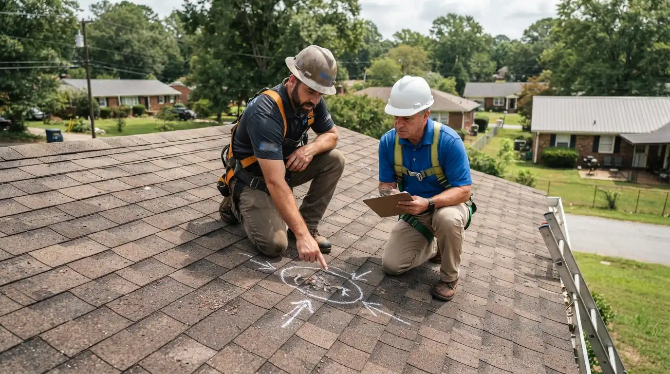 Roofer and adjuster reviewing marked storm damage on an Atlanta roof