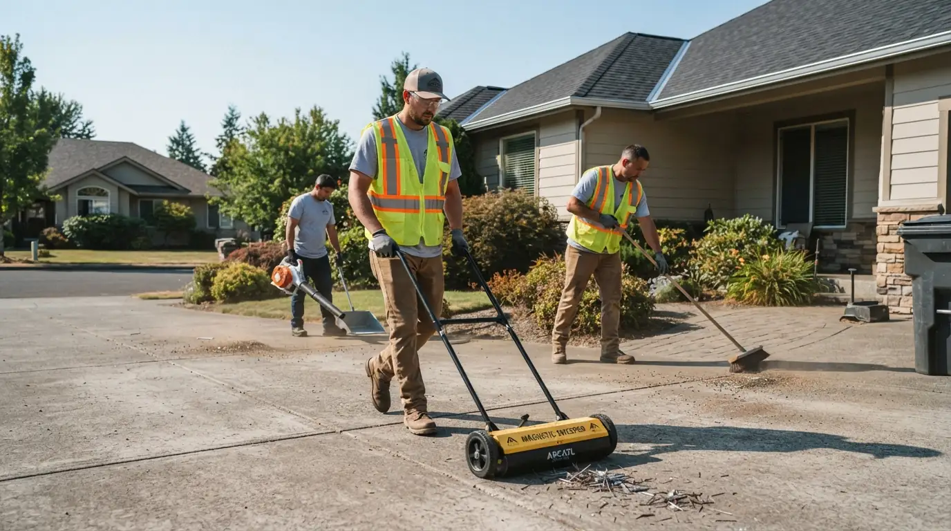 Crew running a magnetic nail sweeper after a roof job