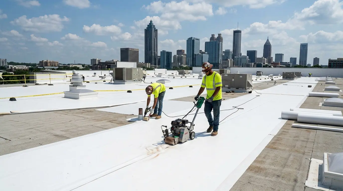 White TPO membrane being welded on a commercial roof