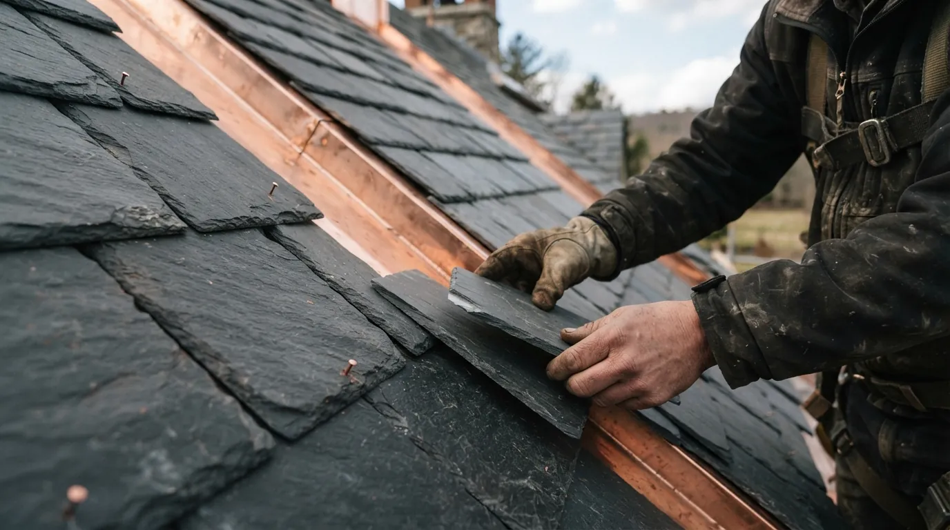 New copper valley flashing with slates reset by hand