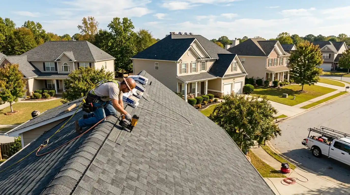 Roofer installing new shingles in a McDonough subdivision