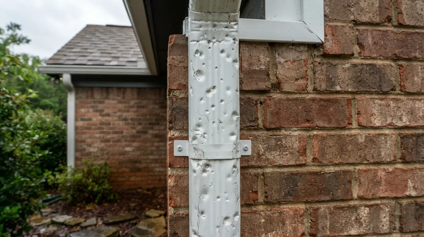 Hail-dented gutter and downspout on a Georgia home