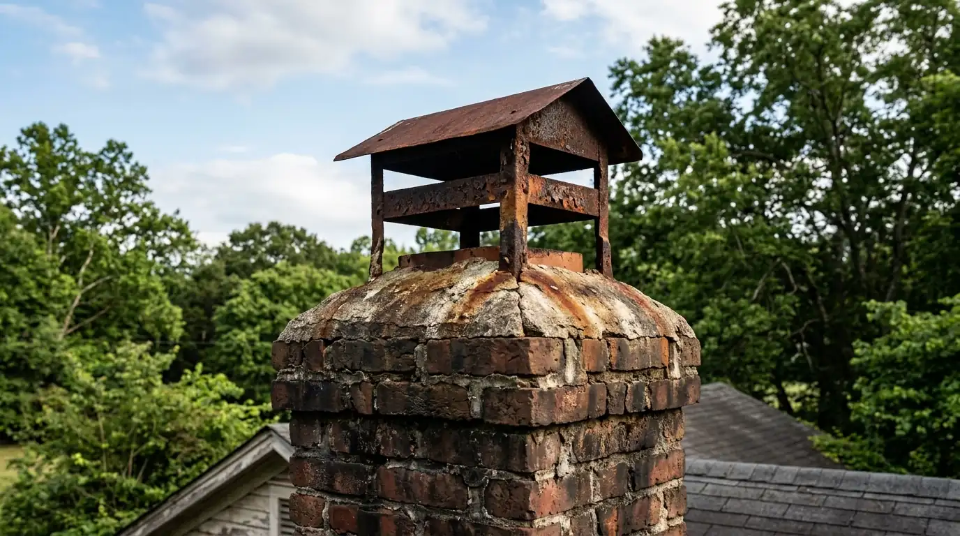 Cracked mortar crown and rusted cap on top of an old brick chimney