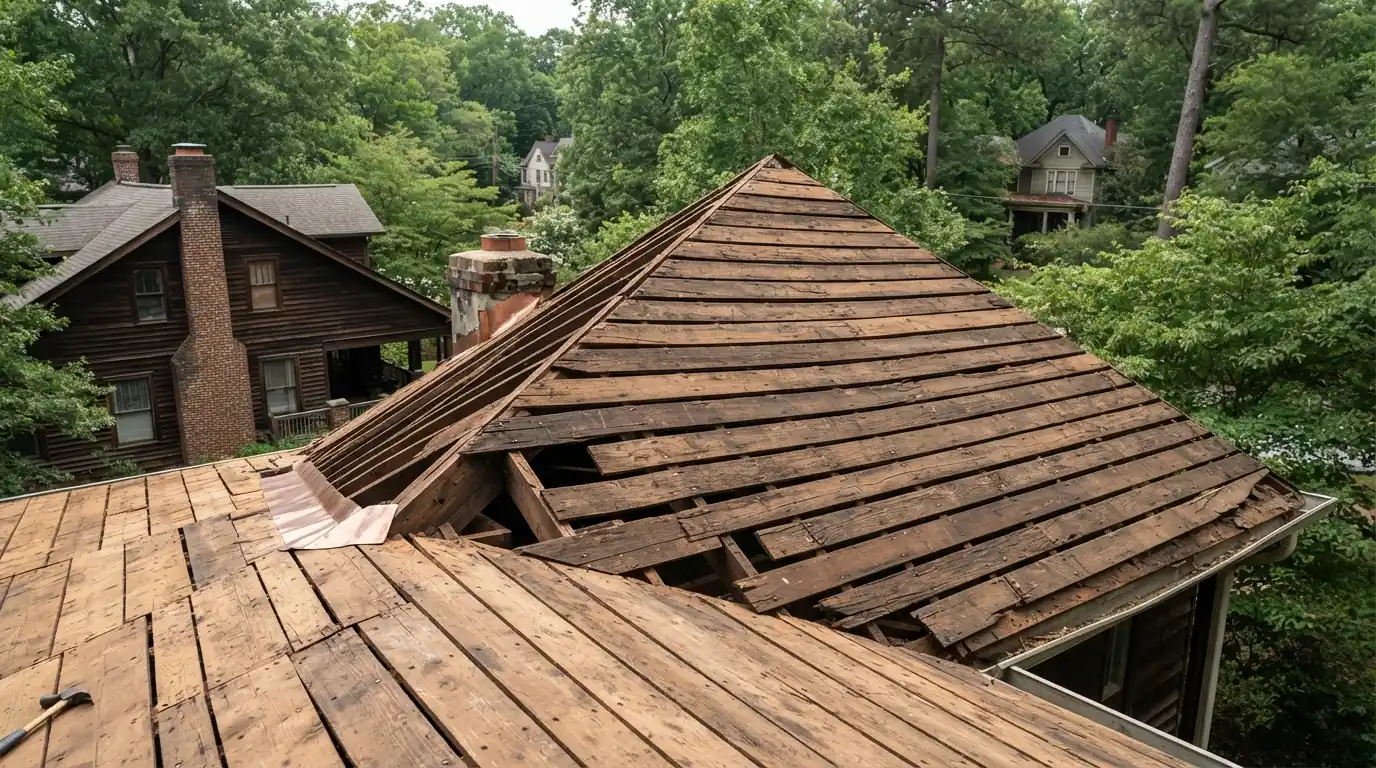 Gapped plank decking exposed during a tear-off on an older Georgia home