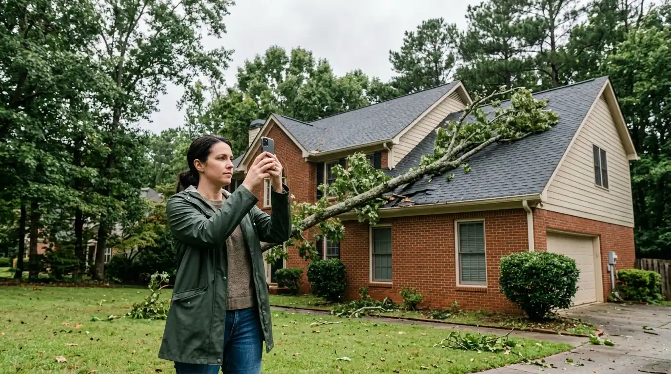 Homeowner photographing roof damage from the yard