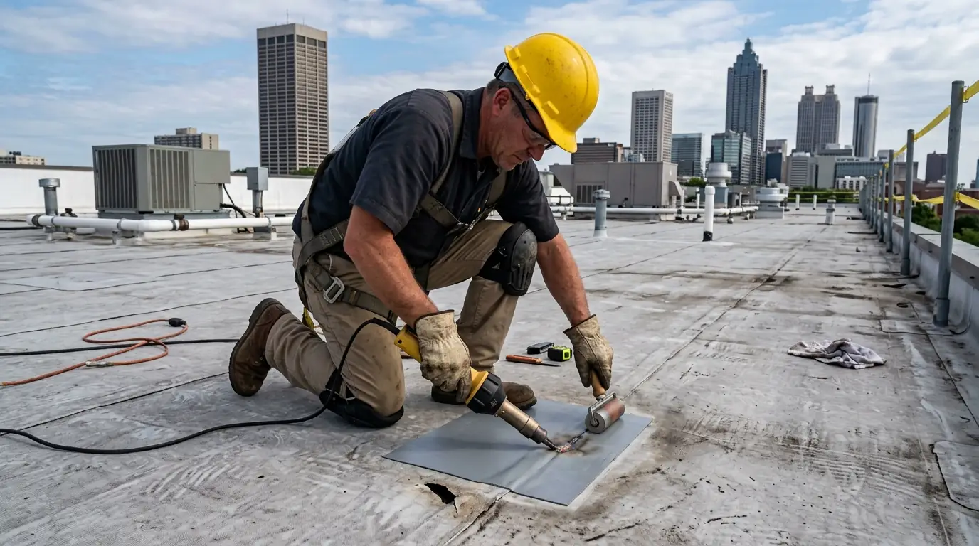 TPO patch being heat-welded over a punctured seam on an Atlanta commercial roof