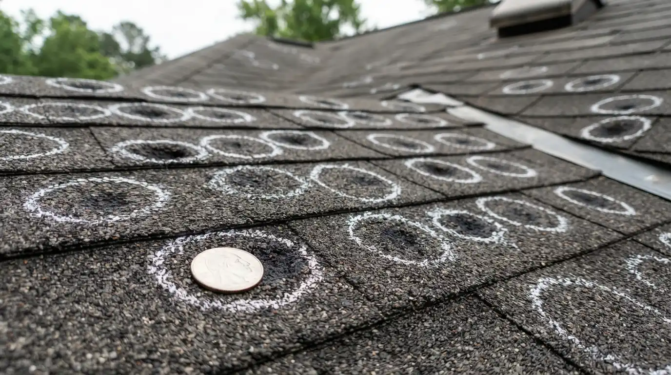 Hail bruises circled in chalk on asphalt shingles with a coin for scale