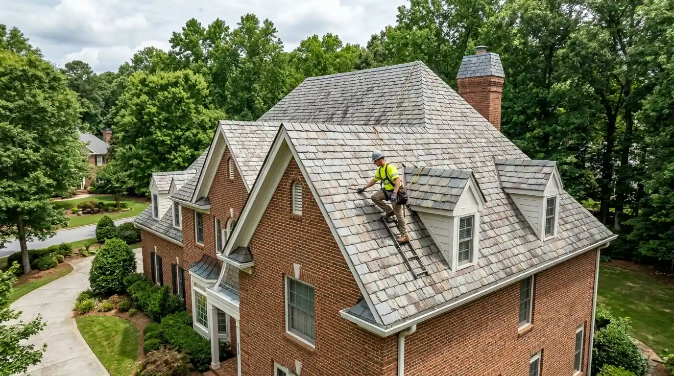 Roofer inspecting a steep roof on a brick home in north Fulton County