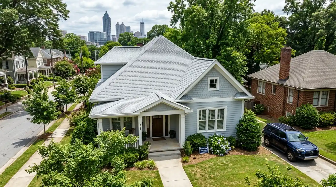 Light gray cool-roof rated shingles on a newly replaced intown Atlanta roof