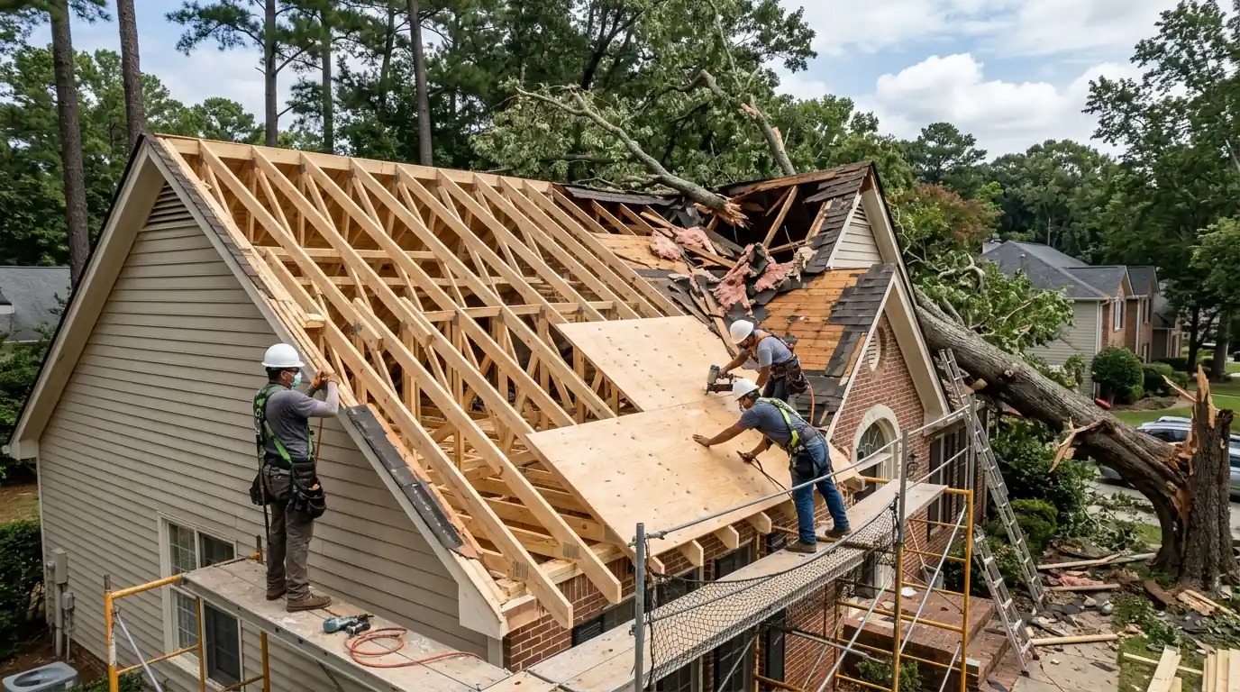 Roof framing being rebuilt after a tree fell on a house