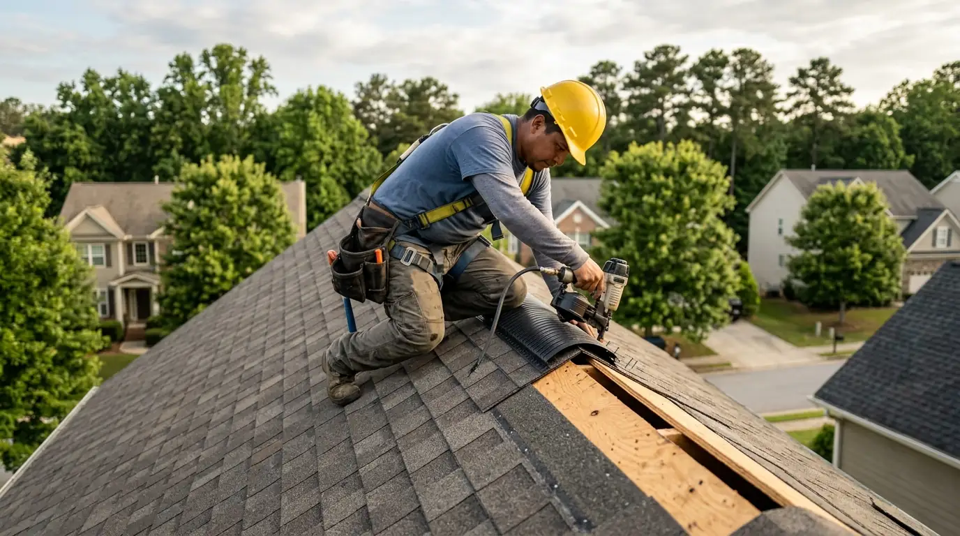 Shingle-over ridge vent being installed along a roof peak in Atlanta