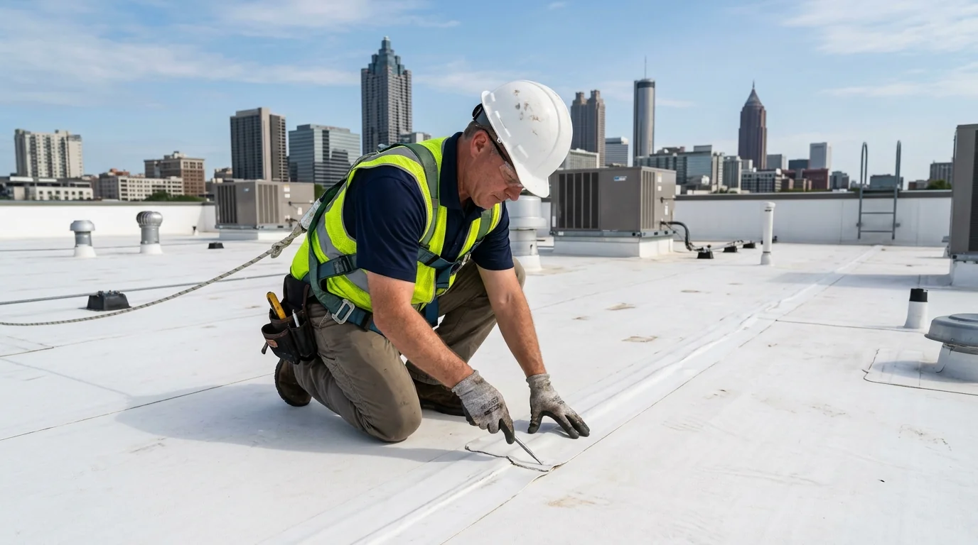 Seam probed on a white membrane roof during a scheduled inspection
