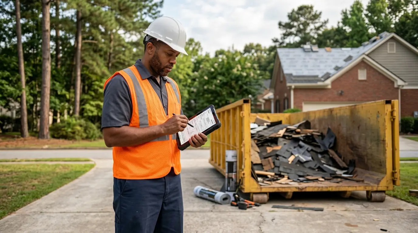 Roofer reviewing permit paperwork in a driveway