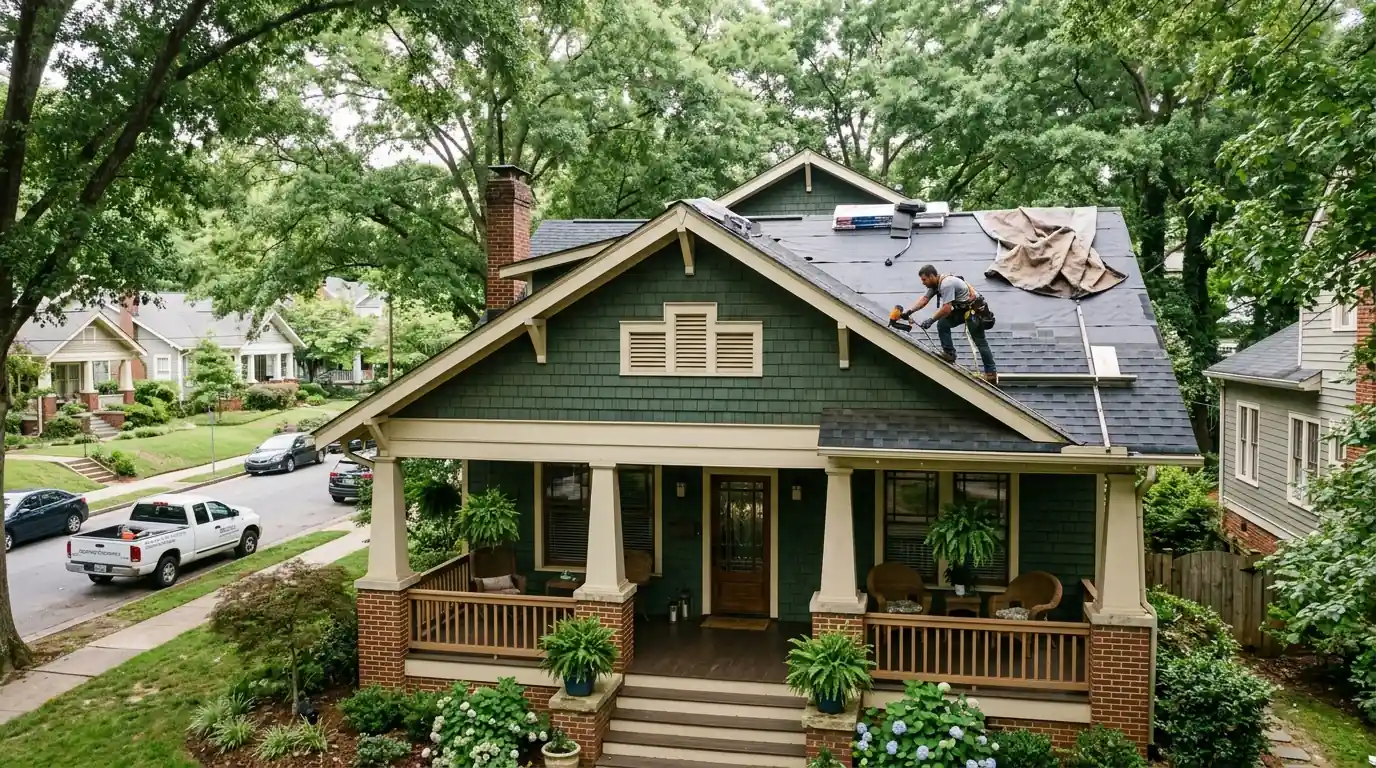 Roofer replacing shingles on a craftsman bungalow in Decatur