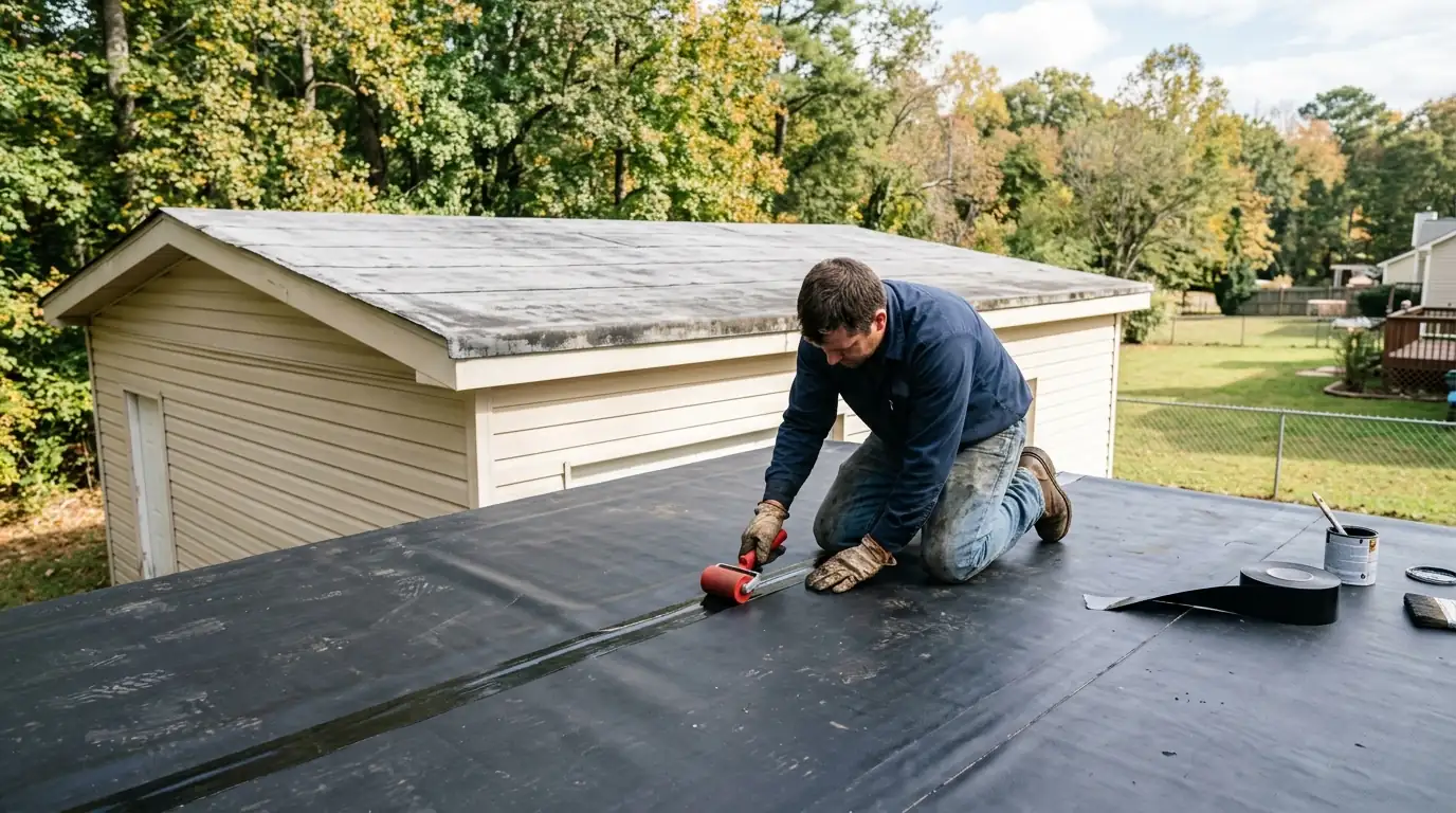 Black EPDM roof on a small flat garage roof being seamed with tape