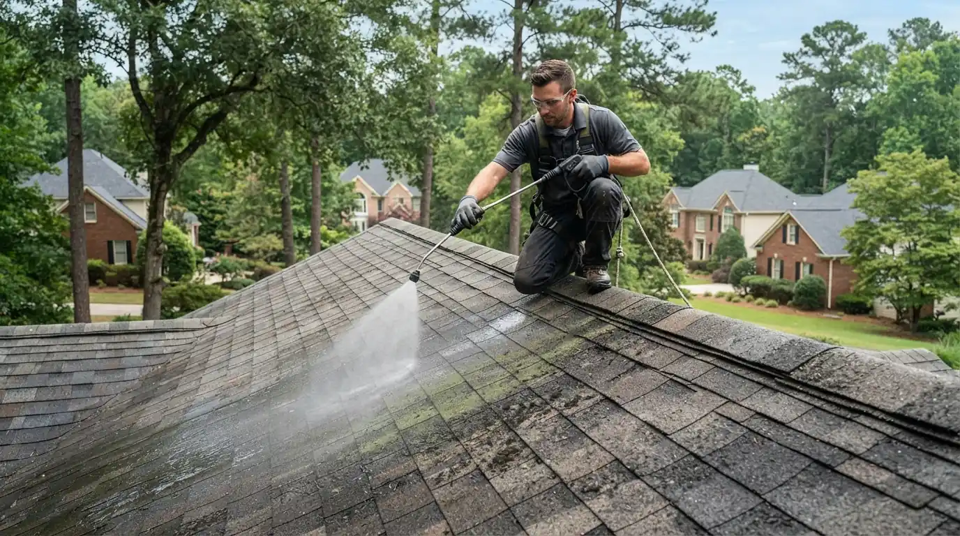 Soft wash solution being applied to algae streaks on an Atlanta shingle roof