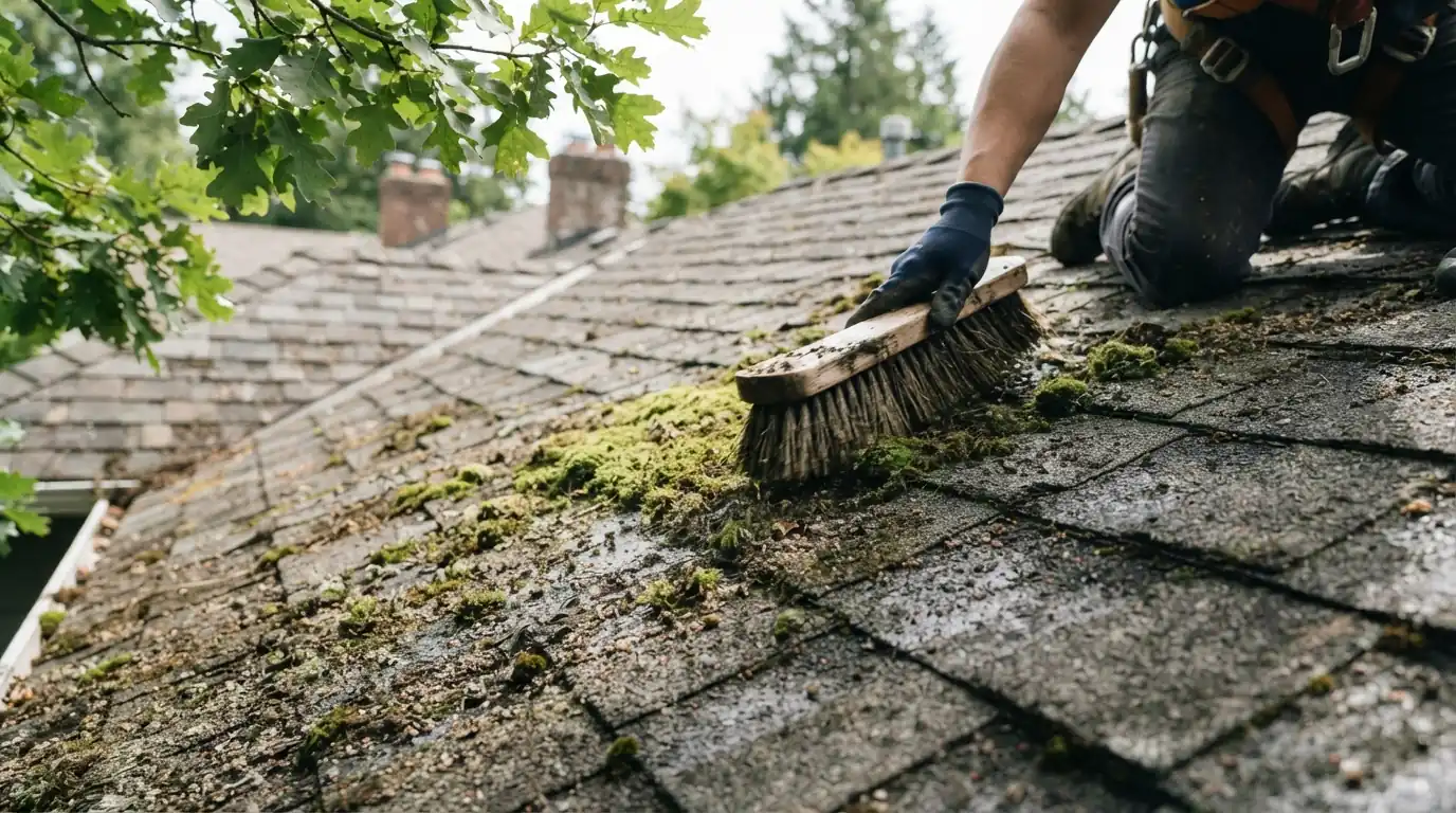 Moss being brushed off shaded asphalt shingles on a Georgia home