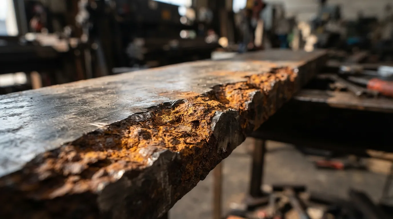 Rust at a metal panel's cut edge being wire-brushed before treatment