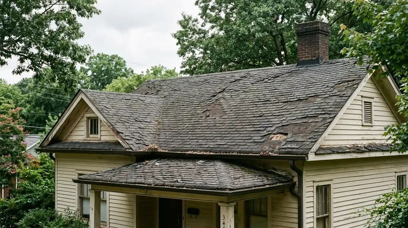Aging shingle roof with curled edges in Atlanta