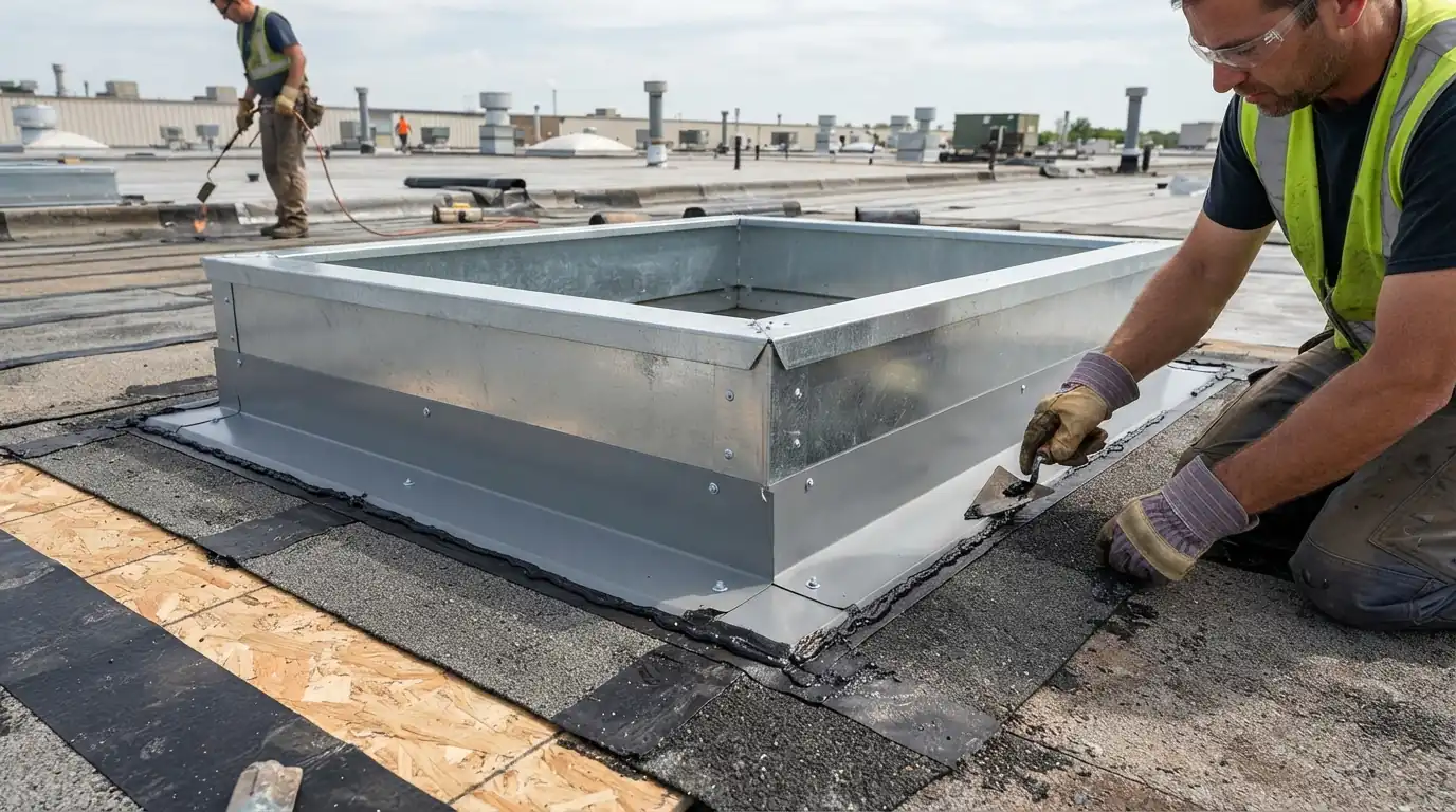 New skylight being set with a factory flashing kit during a roof replacement