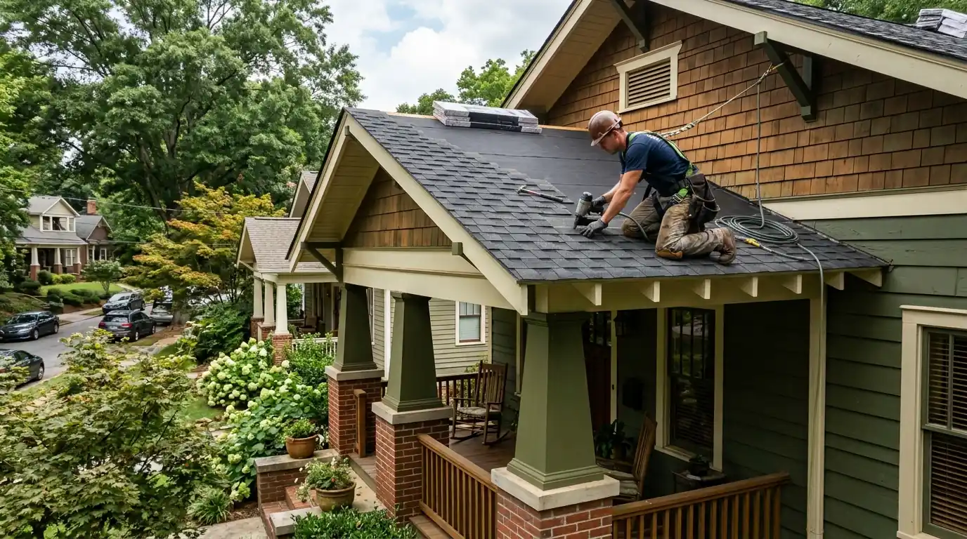 Roofer installing shingles on an Ormewood Park bungalow