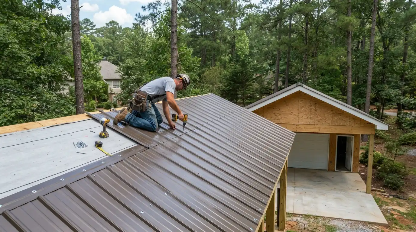 Ribbed metal panels being screwed down on a detached garage