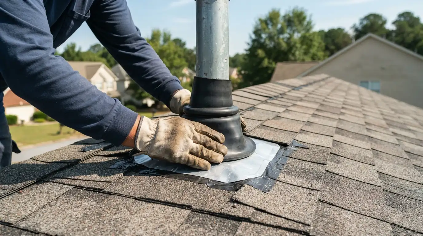 Cracked pipe boot being replaced on an asphalt roof in Atlanta