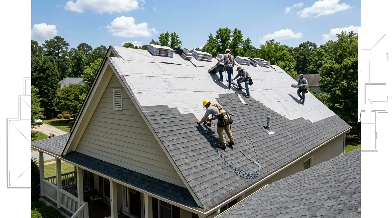 Crew installing new architectural shingles on a gable roof near Atlanta