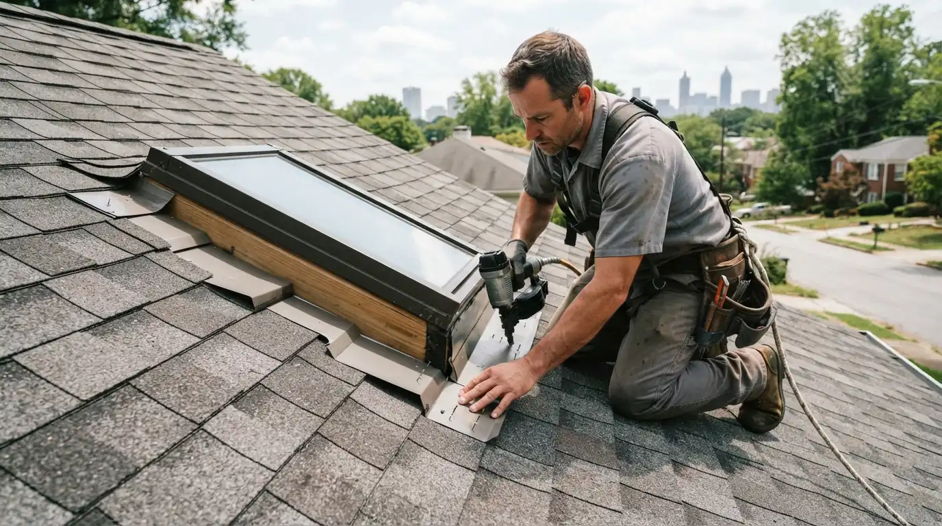 Step flashing being fitted around an existing skylight on an Atlanta roof