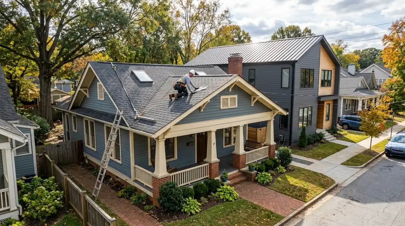 Roofer inspecting a renovated bungalow roof in Kirkwood