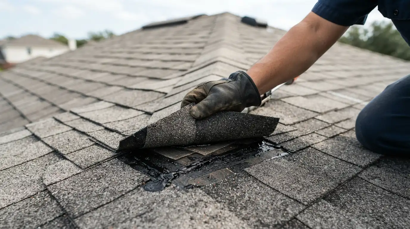 Lifted shingle tab being hand-sealed during a roof tune-up