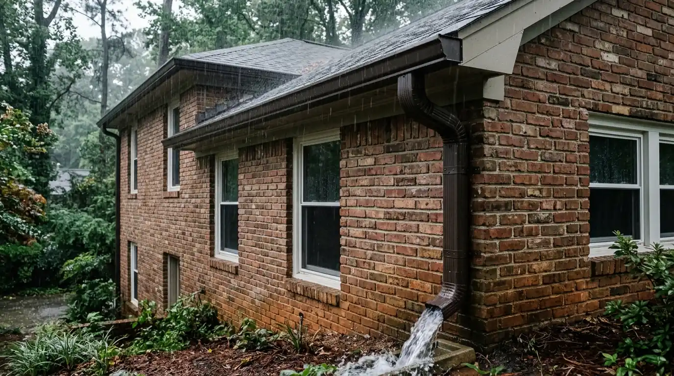 Six-inch seamless gutter and large downspout in heavy rain