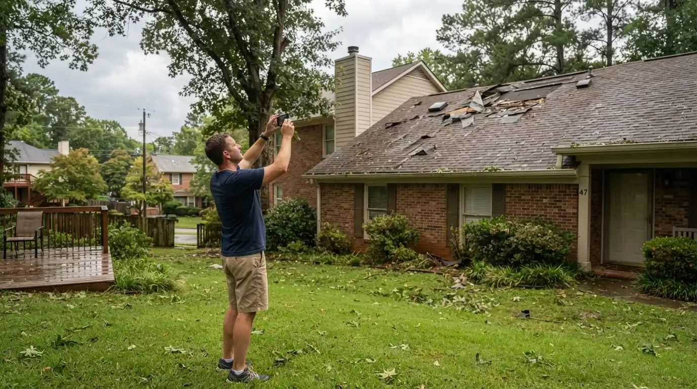 Storm damage being photographed from the yard