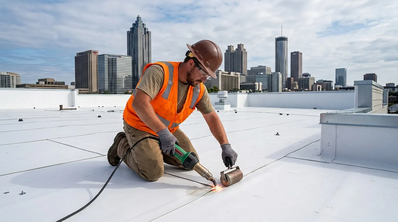 Seam being hot-air welded on a white TPO roof with the Atlanta skyline behind