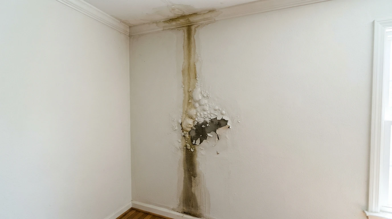 Water stain running down an interior wall from the ceiling line