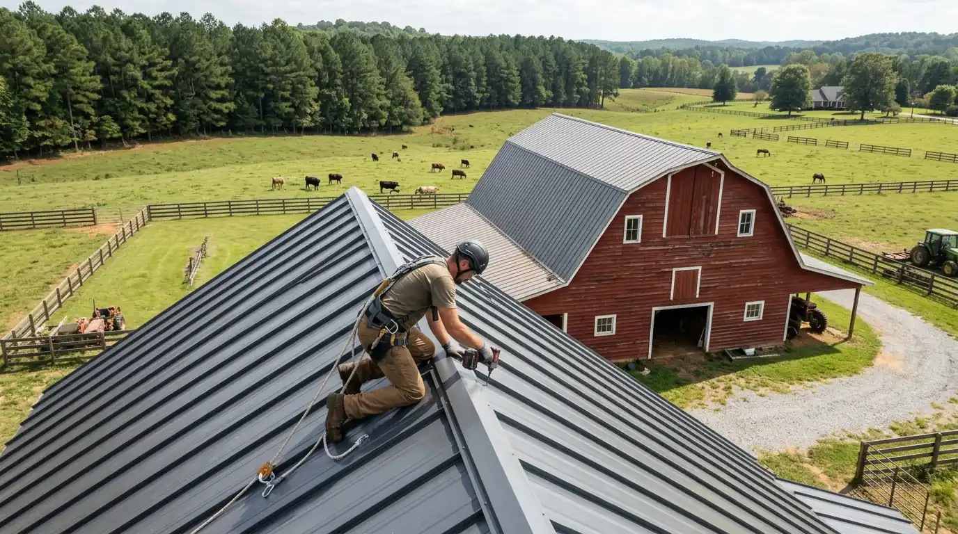 Metal roof panels going onto a barn in rural Newton County