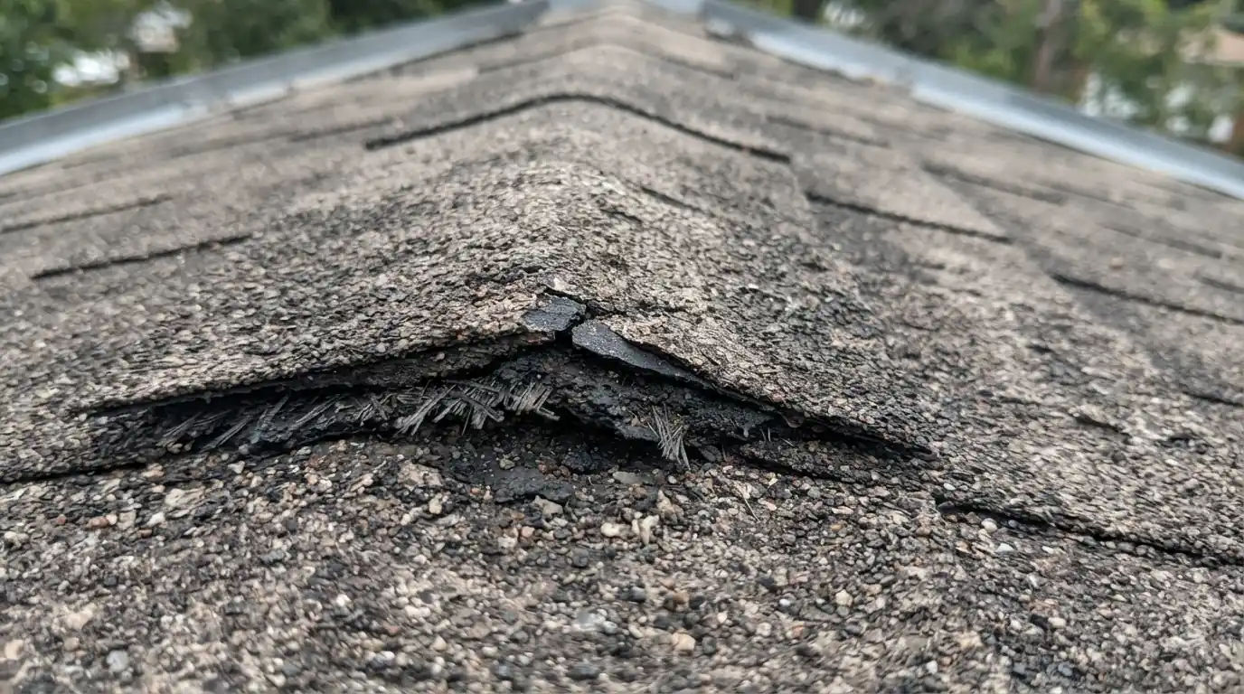 Hail-cracked corner on an older asphalt shingle