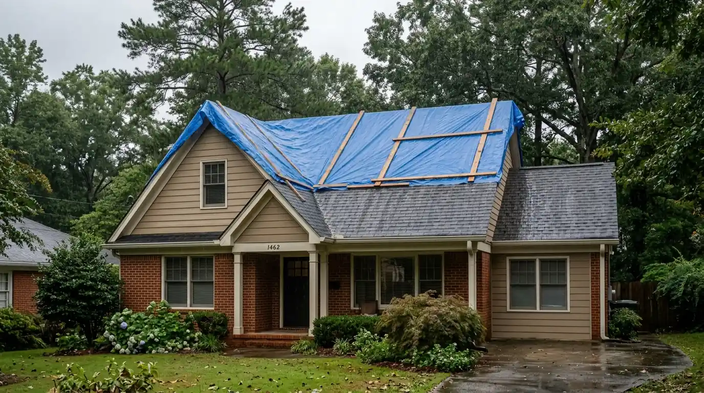 Storm tarp fastened over a roof ridge with wood battens on an Atlanta home