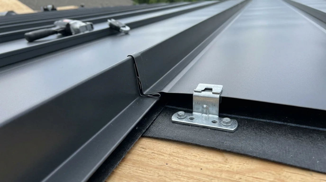 Standing seam panel seams and clips