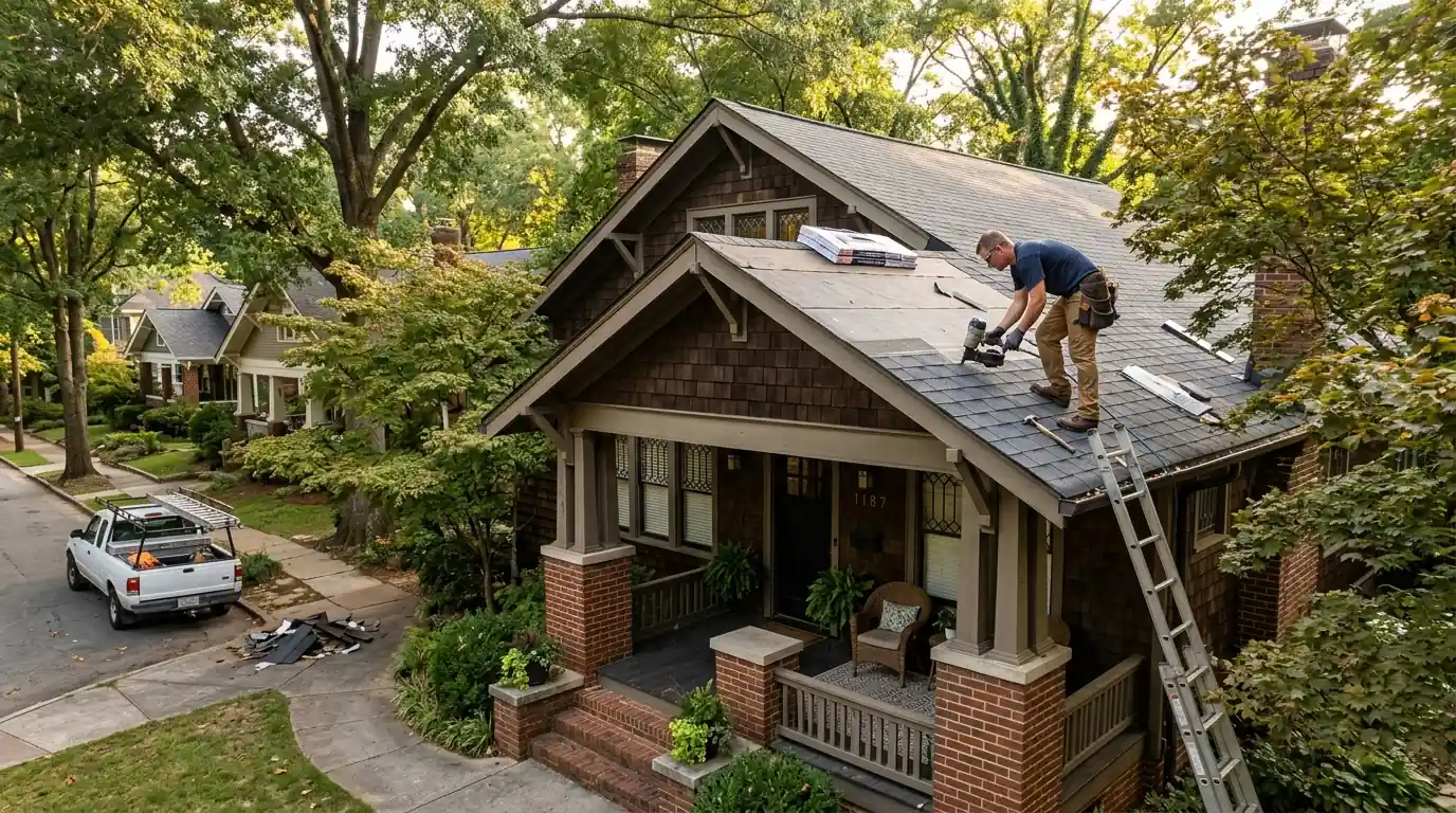 Roofer repairing a bungalow porch roof in Candler Park
