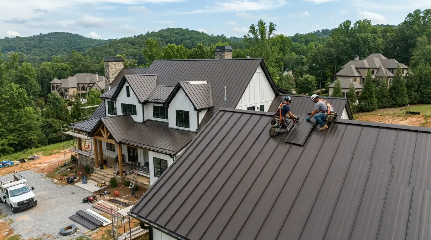 Dark bronze standing seam roof being installed on a farmhouse north of Atlanta