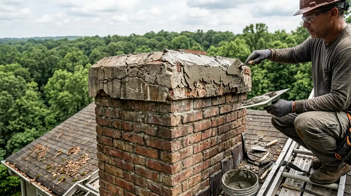 Cracked chimney crown being repaired