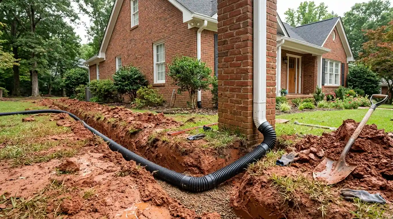 Drain pipe being connected to a downspout in a trench