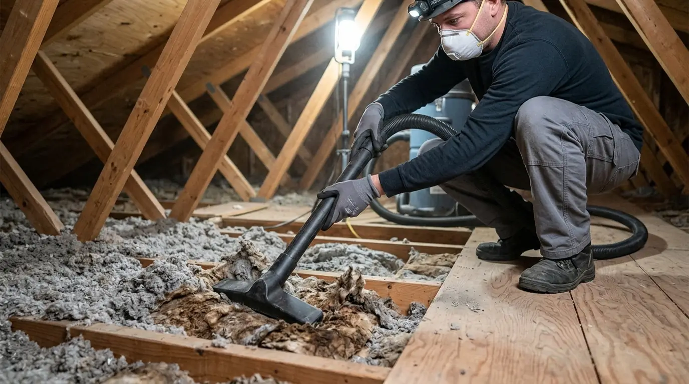 Water-stained insulation being vacuumed out of an attic